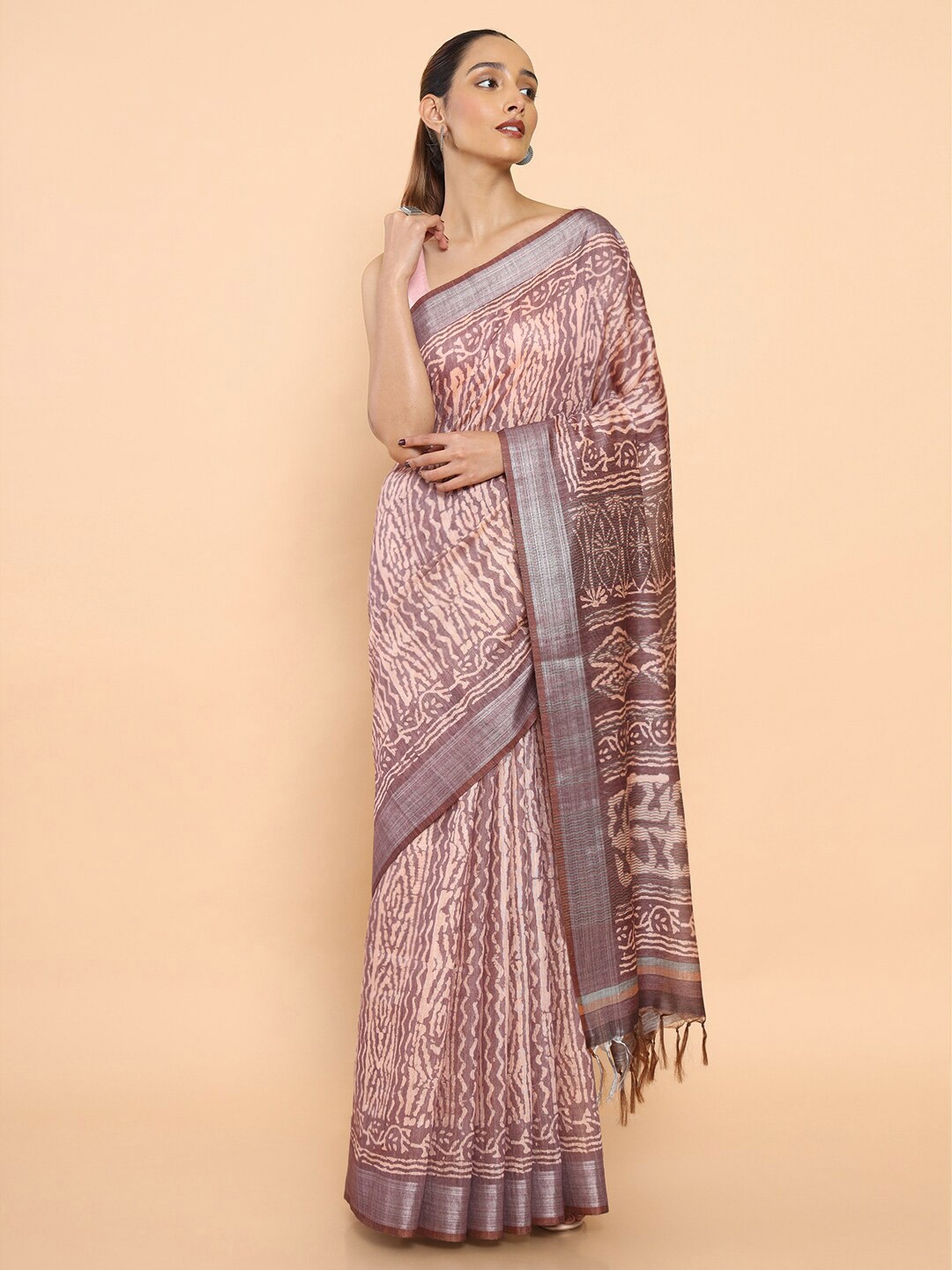 

Soch Brown & Silver-Toned Zari Silk Cotton Saree