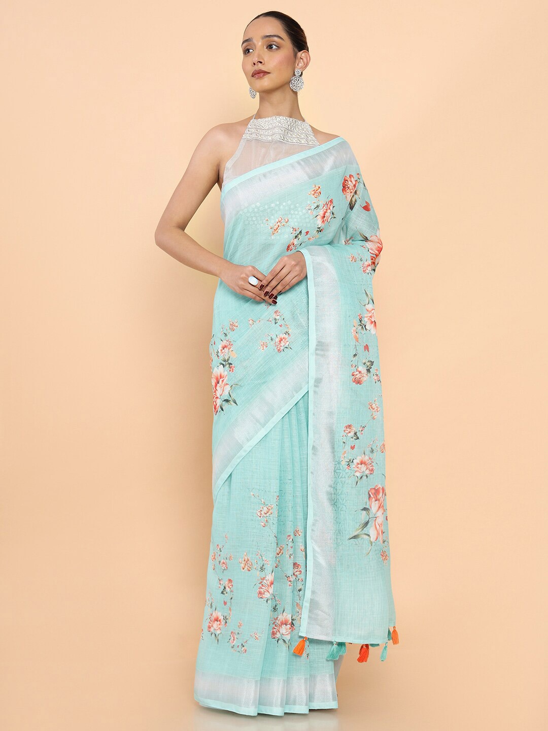 

Soch Turquoise Blue & Orange Floral Zari Pure Linen Saree