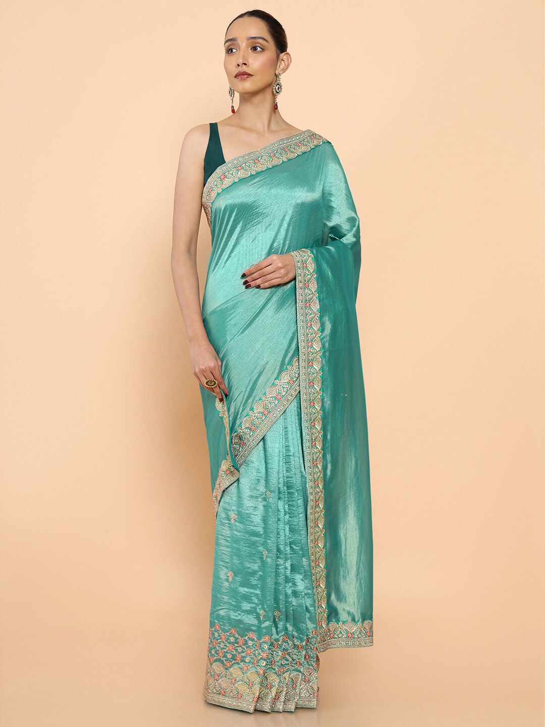 

Soch Green & Gold-Toned Floral Embroidered Pure Georgette Saree