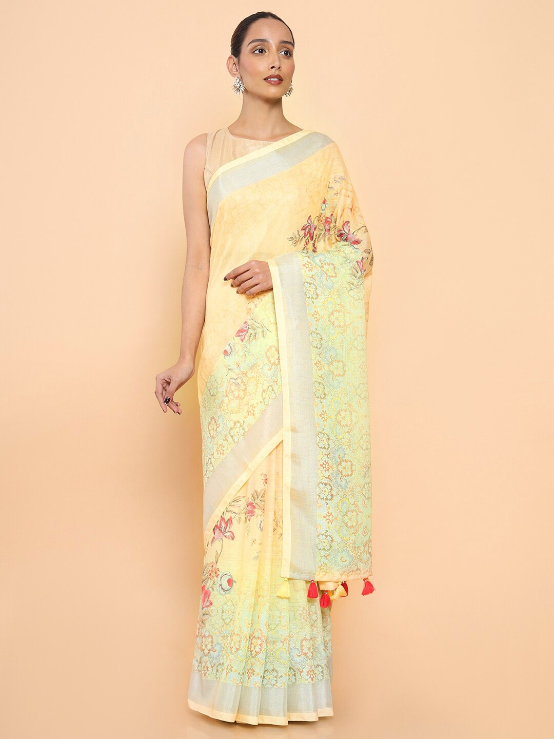 

Soch Yellow & Green Floral Zari Pure Linen Saree