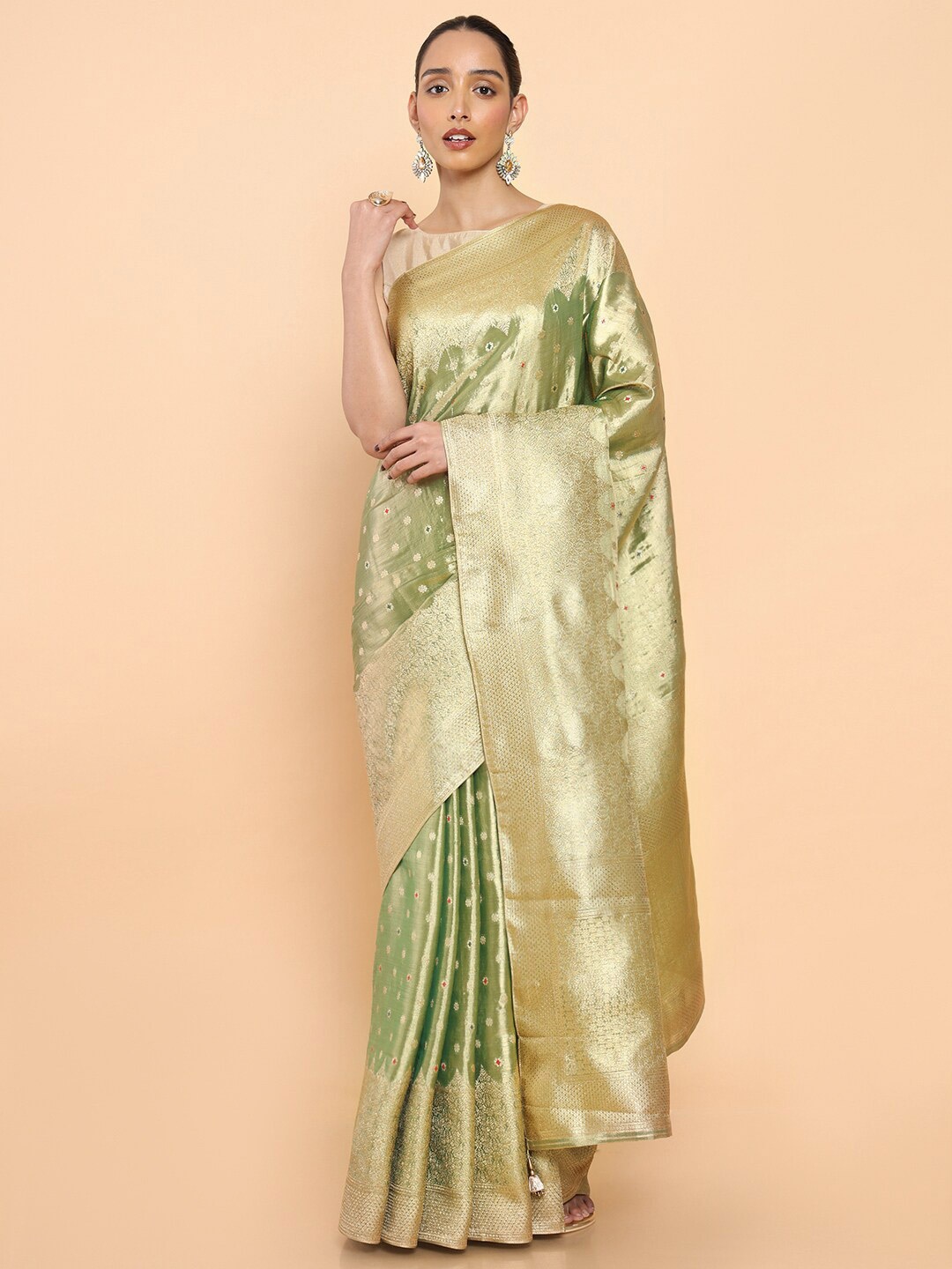 

Soch Green & Gold-Toned Woven Design Zari Pure Silk Saree