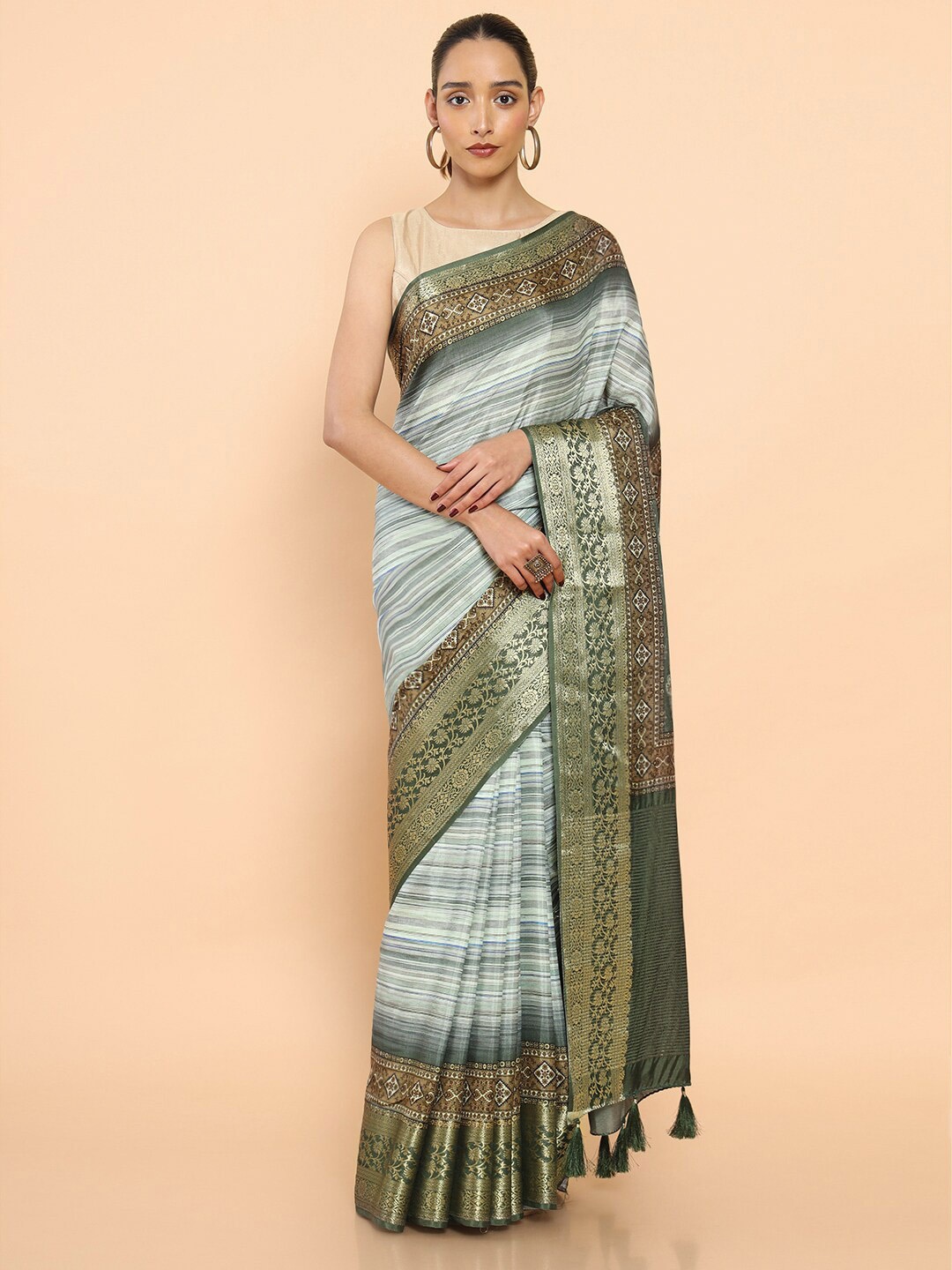 

Soch Green & White Striped Zari Pure Silk Saree