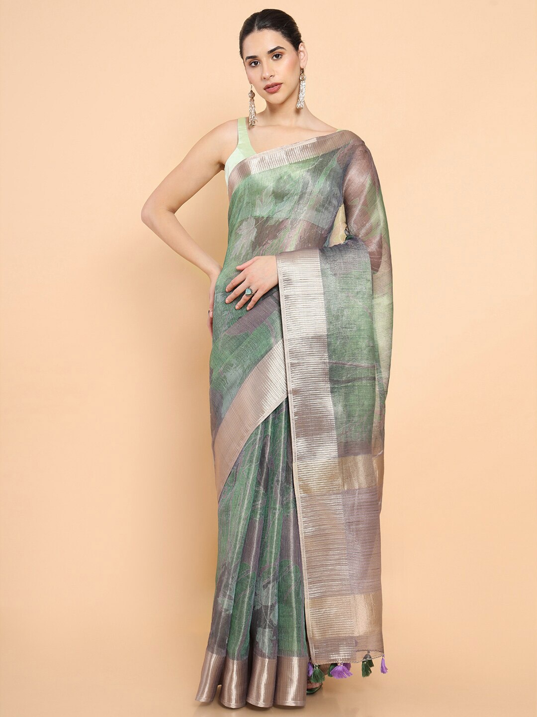 

Soch Green & Grey Floral Zari Organza Saree