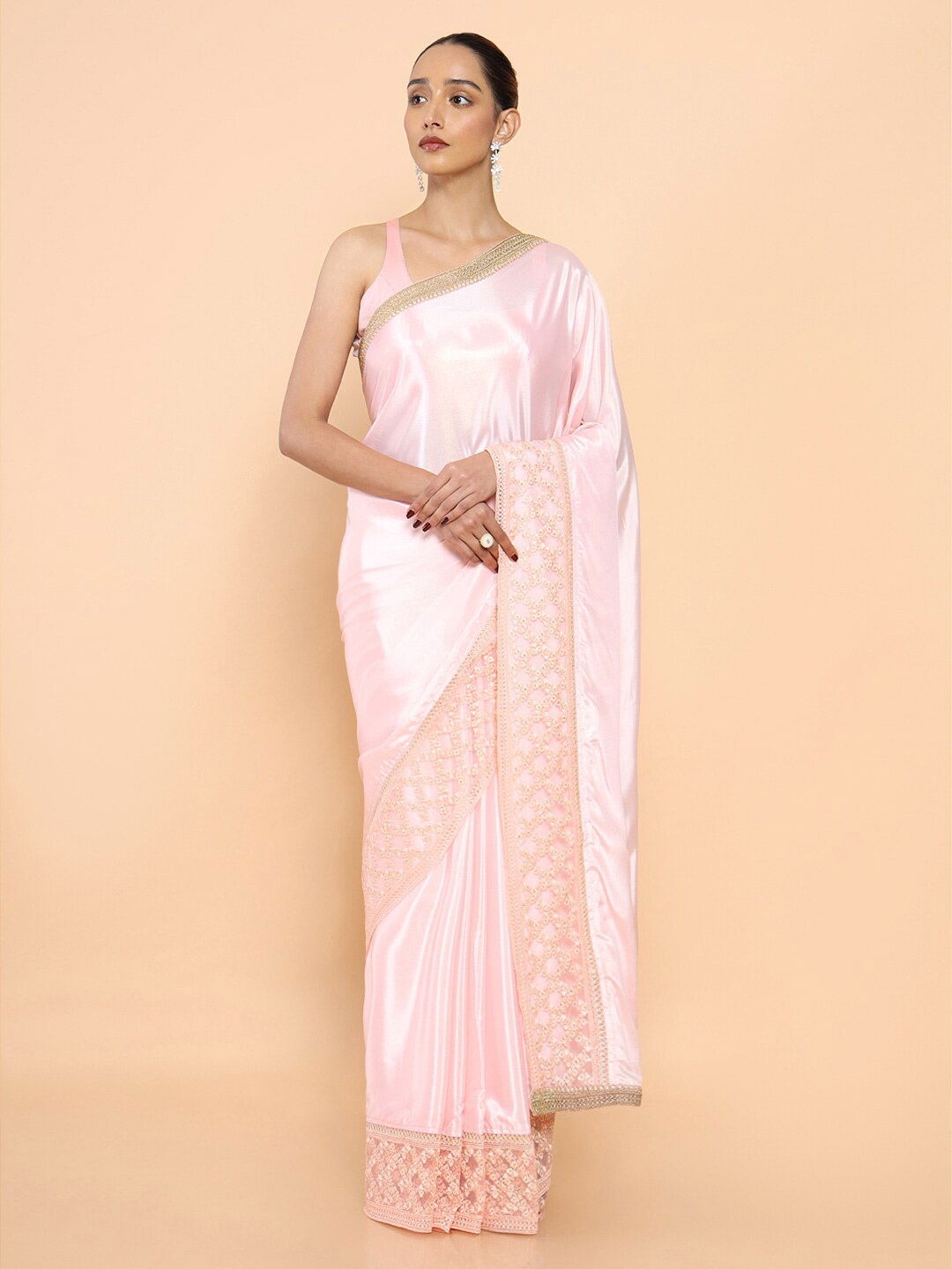 

Soch Pink & Gold-Toned Embroidered Pure Georgette Saree