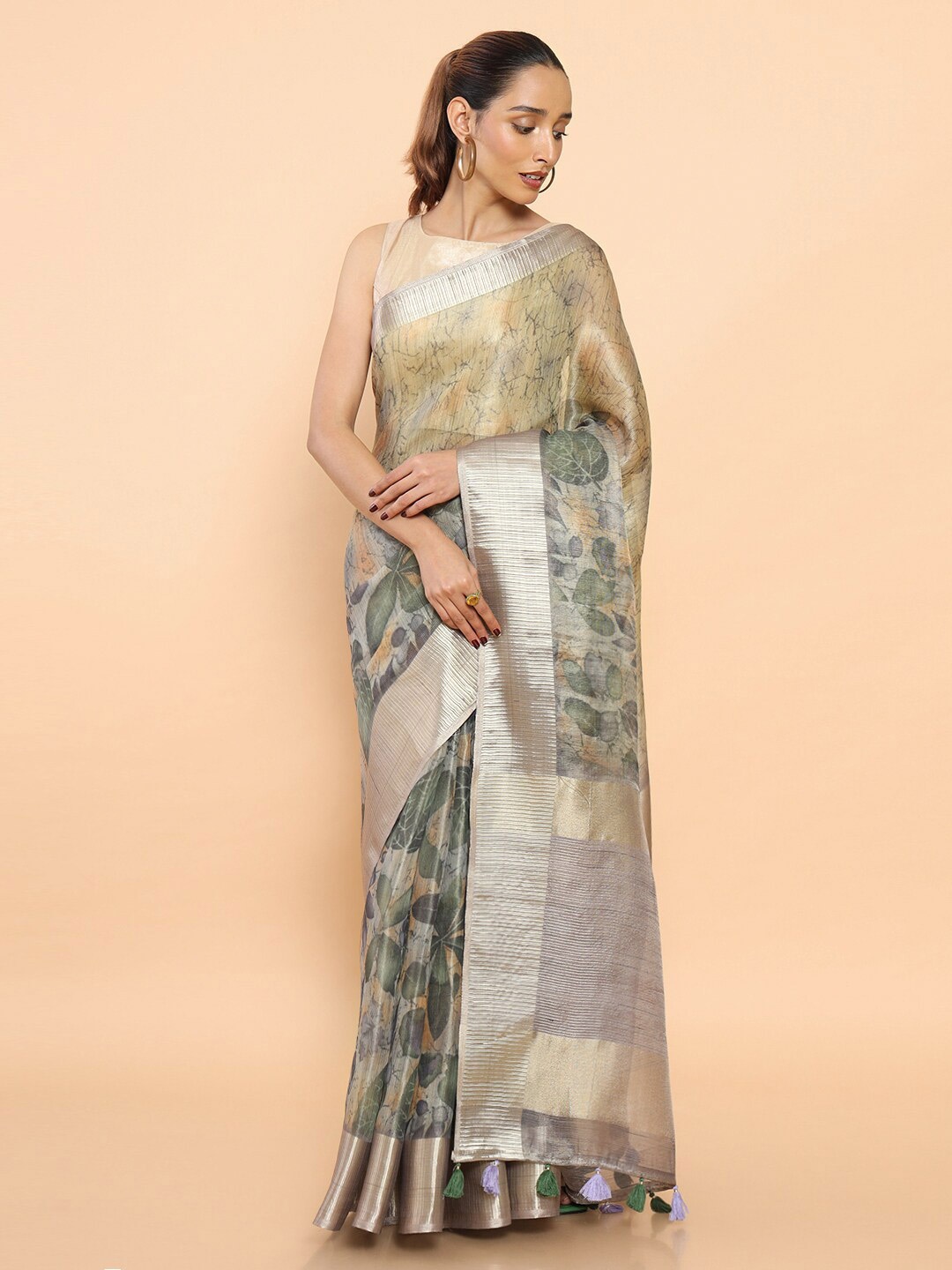 

Soch Cream-Coloured & Green Floral Zari Organza Saree