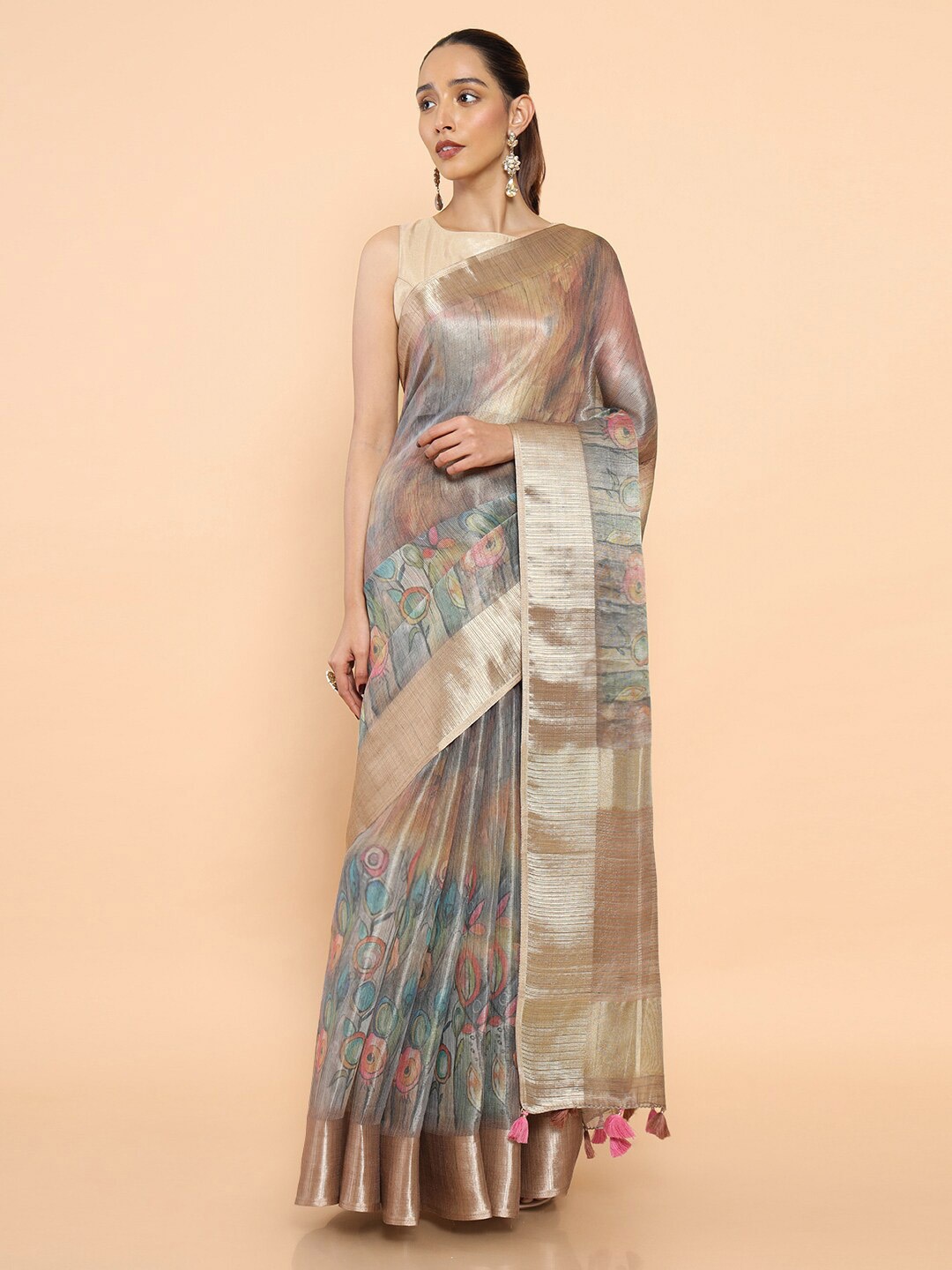 

Soch Beige & Blue Floral Organza Saree
