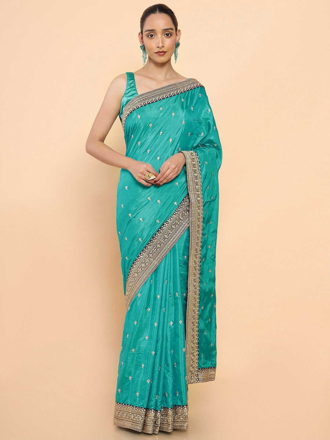 

Soch Turquoise Floral Embroidered Silk Blend Saree, Turquoise blue