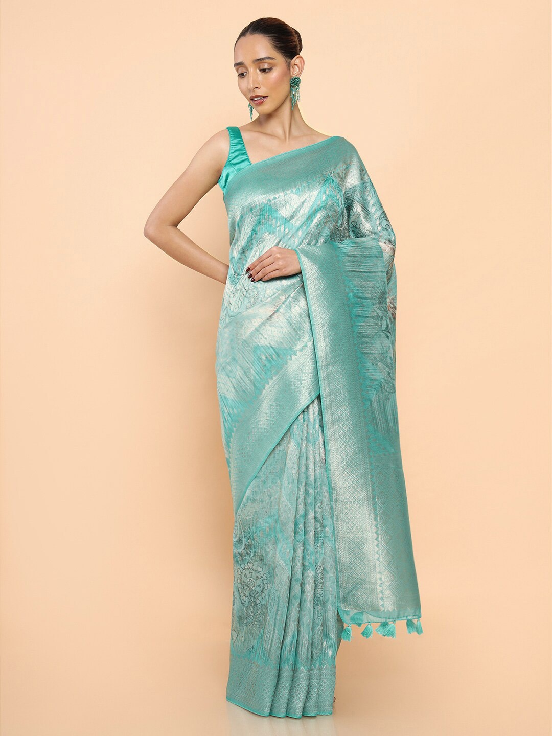

Soch Turquoise Woven Design Zari Silk Blend Saree, Turquoise blue