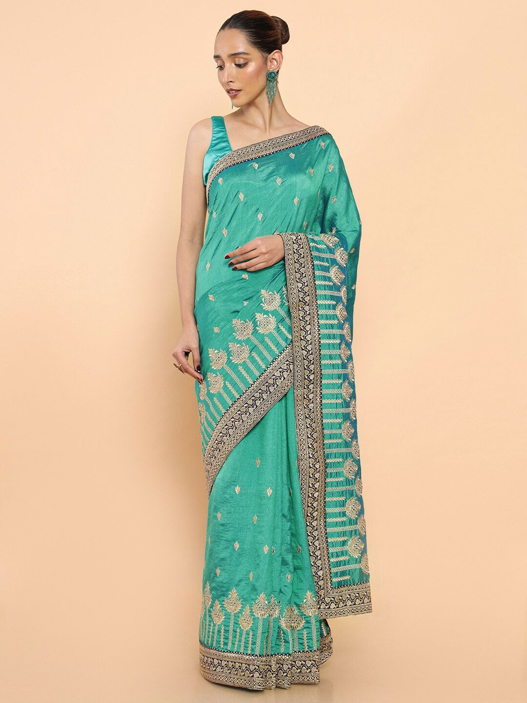 

Soch Ethnic Motifs Embroidered Silk Blend Saree, Green