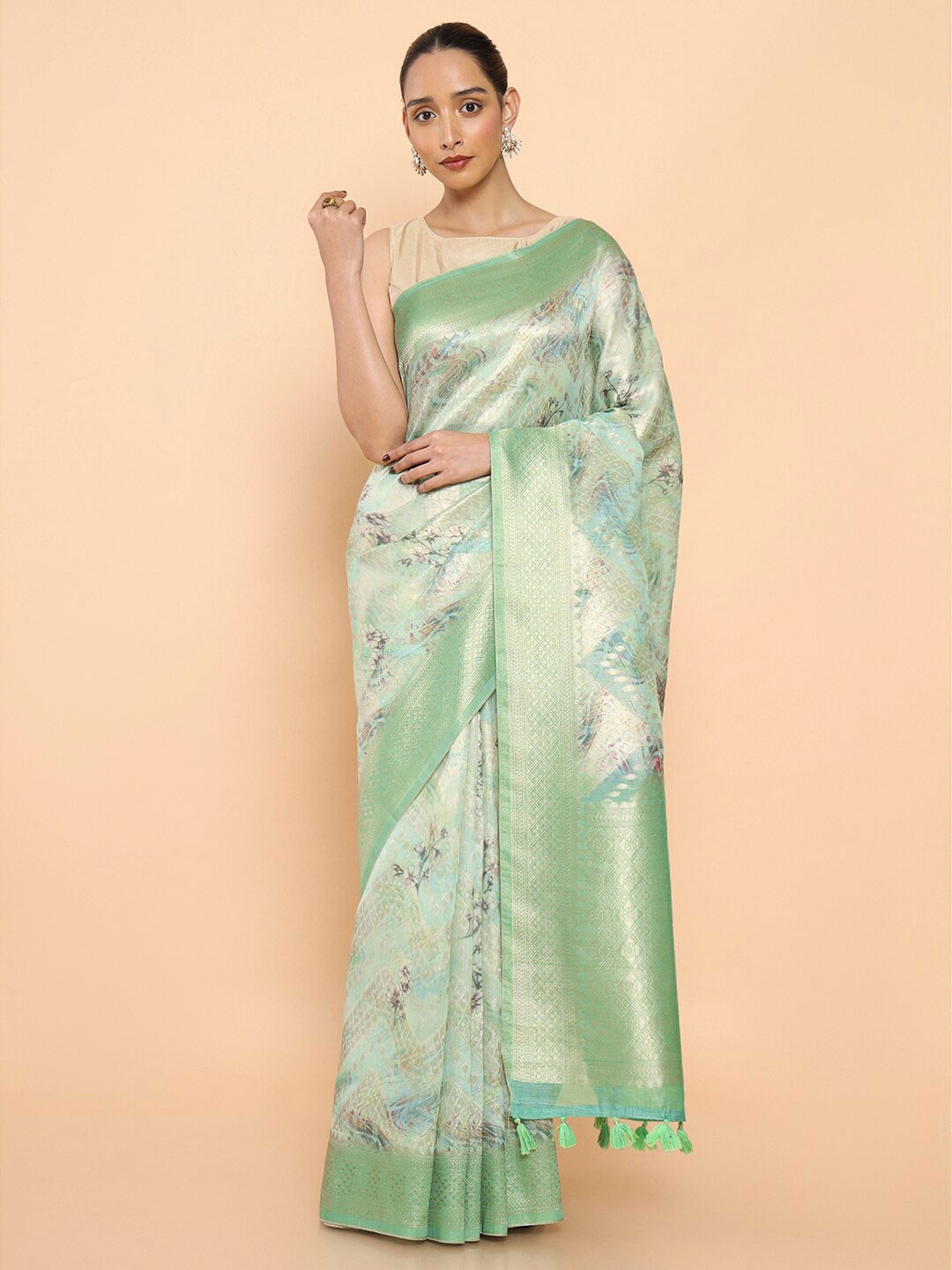 

Soch Floral Zari Silk Blend Saree, Green