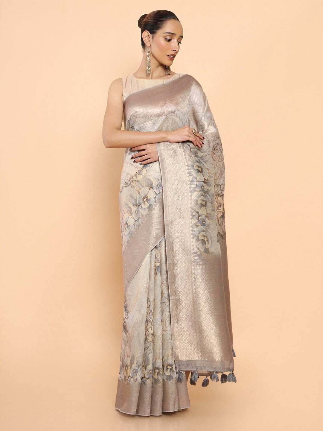 

Soch Floral Zari Silk Blend Saree, Beige