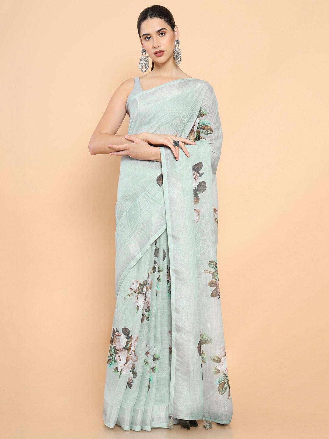 

Soch Floral Pure Linen Saree, Green