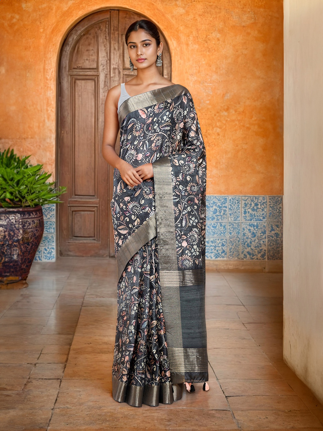 

Soch Floral Zari Silk Blend Saree, Grey