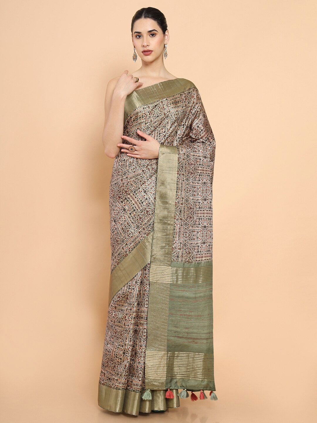 

Soch Floral Zari Silk Blend Saree, Beige