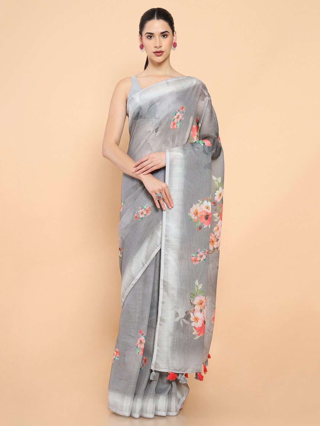 

Soch Floral Zari Pure Linen Saree, Grey