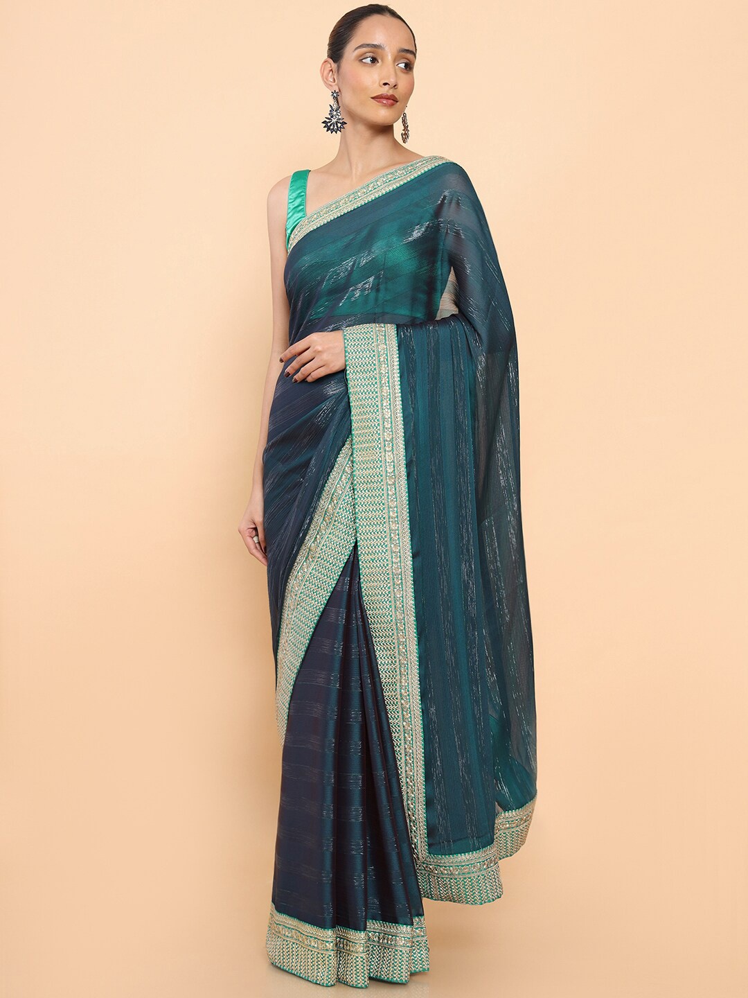 

Soch Striped Embroidered Pure Chiffon Saree, Teal