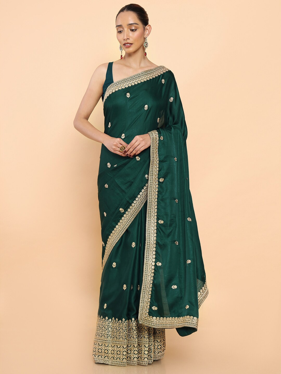 

Soch Floral Embroidered Silk Blend Saree, Green