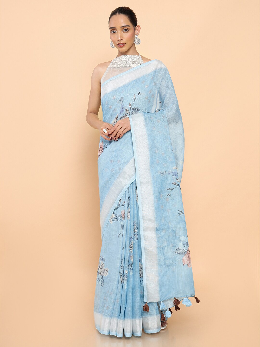 

Soch Floral Zari Pure Linen Saree, Blue