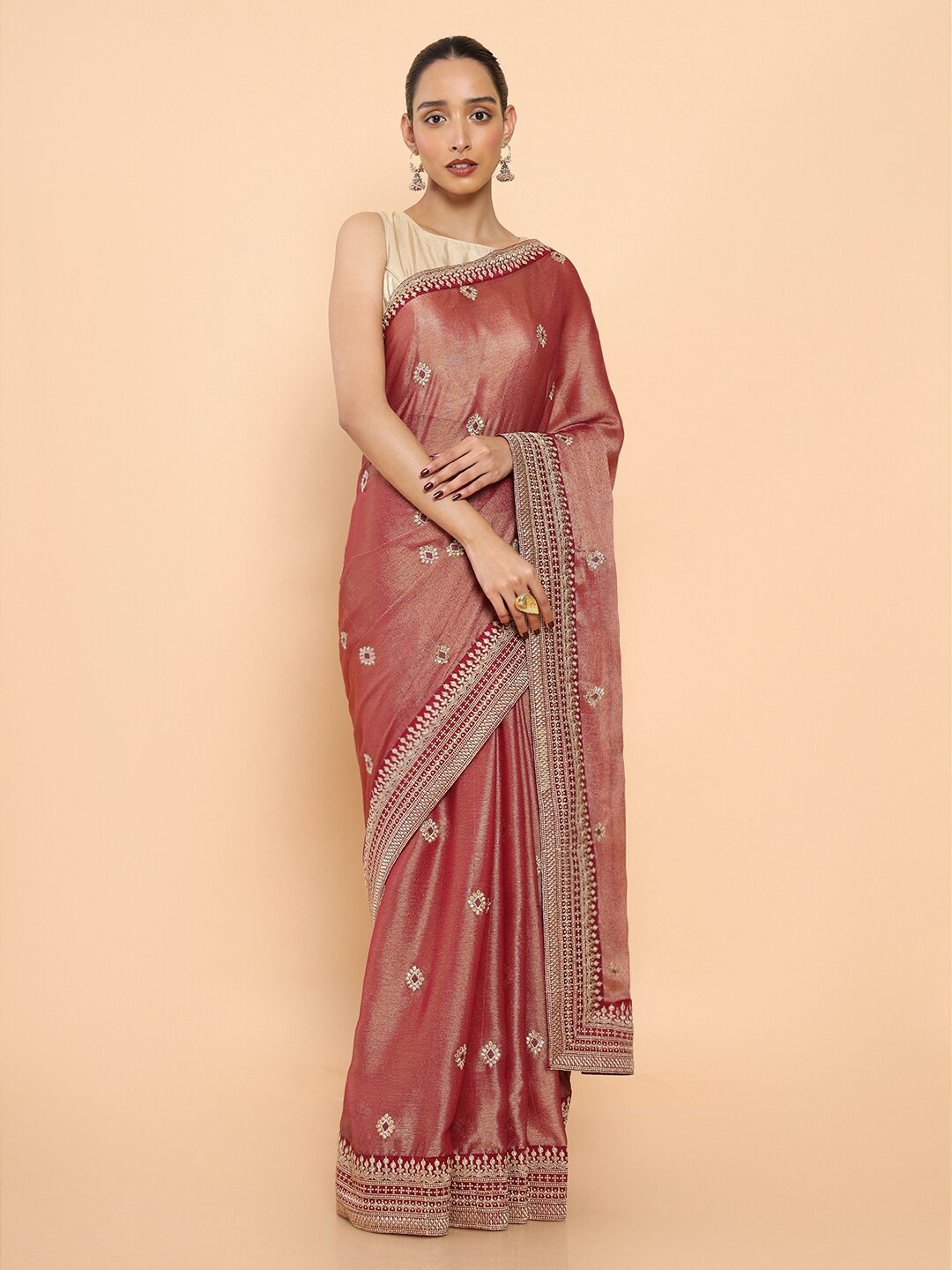 

Soch Ethnic Motifs Embroidered Pure Chiffon Saree, Brown