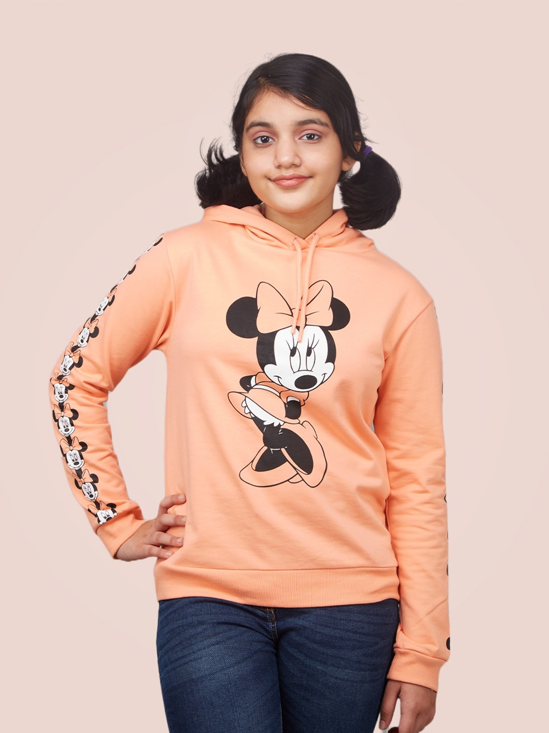 

Zalio Girls Minnie Mouse Printed Hooded Pullover Sweatshirt, Peach