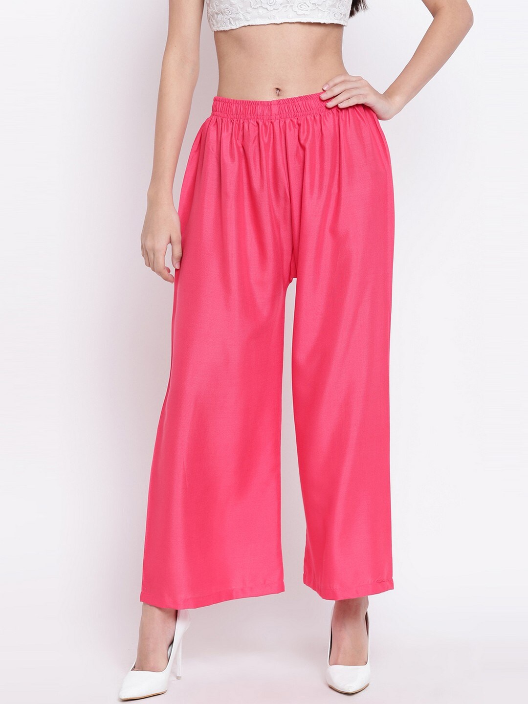 

RIVI Women Slip On Wide leg Palazzos, Pink