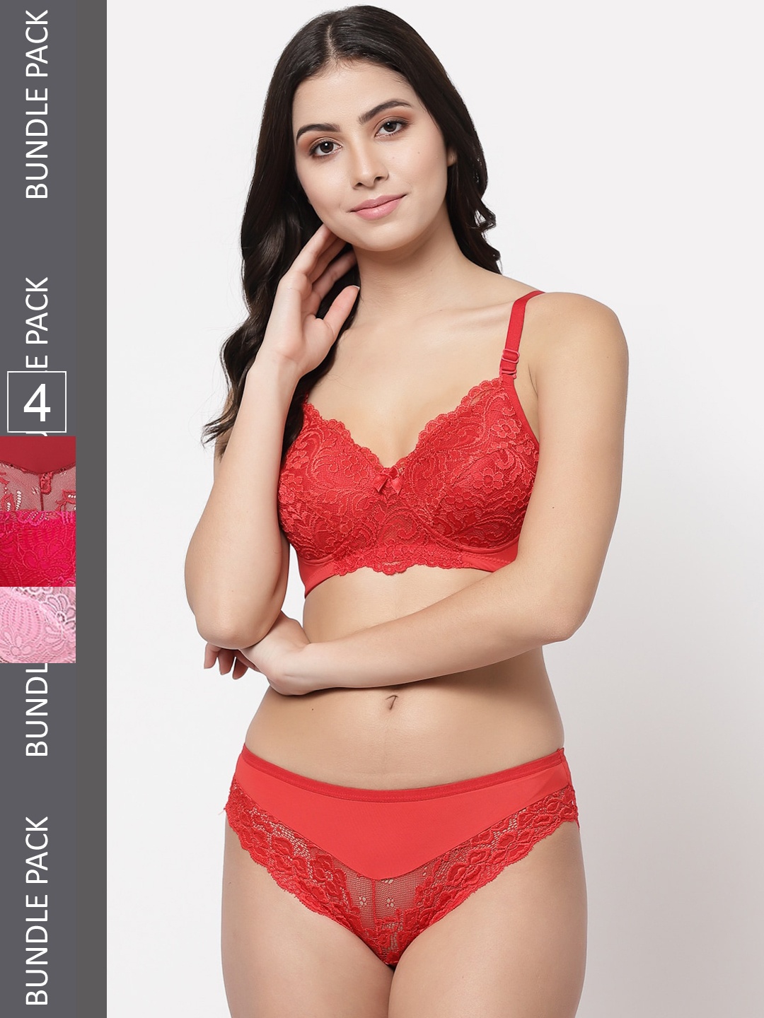 

College Girl Pack Of 4 Lightly Padded Lingerie Set, Red