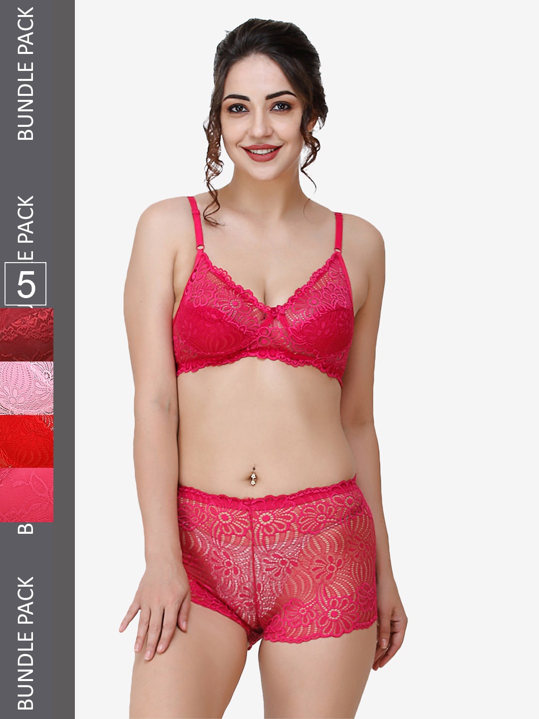 

Docare Women Pack Of 5 Self-Design Non Padded Lingerie Set, Red