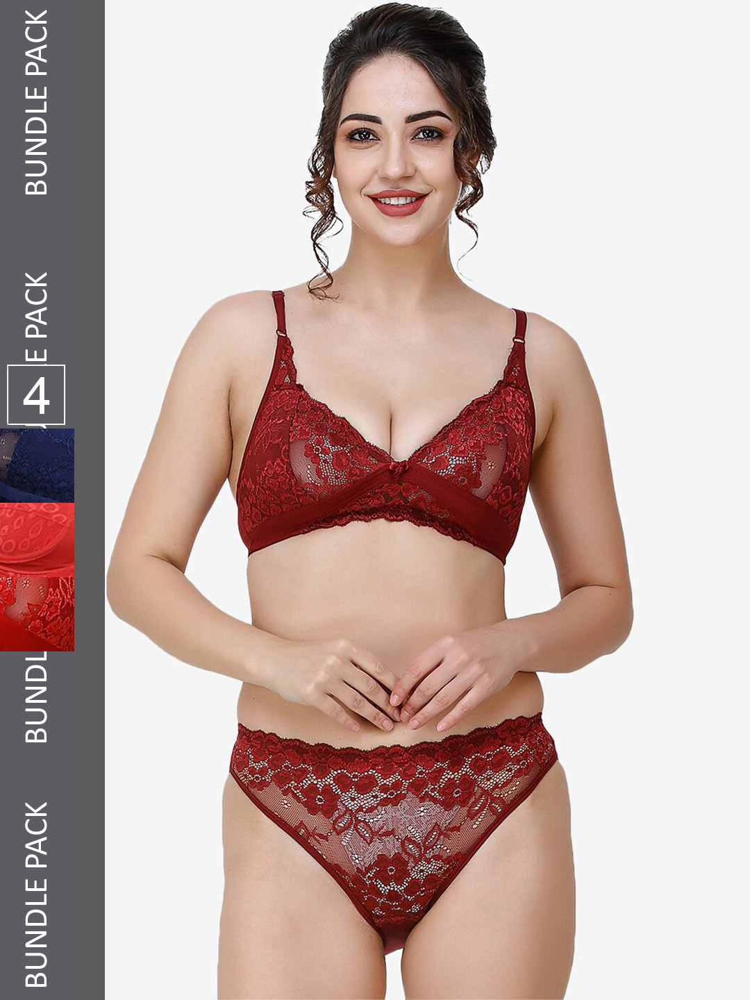

Docare Women Pack Of 4 Self-Design Non Padded Lace Lingerie Set, Maroon