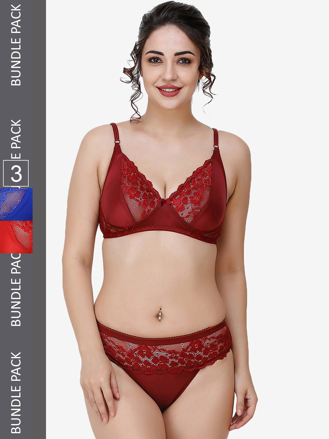 

Docare Women Pack Of 3 Self-Design Non Padded Lingerie Set, Red