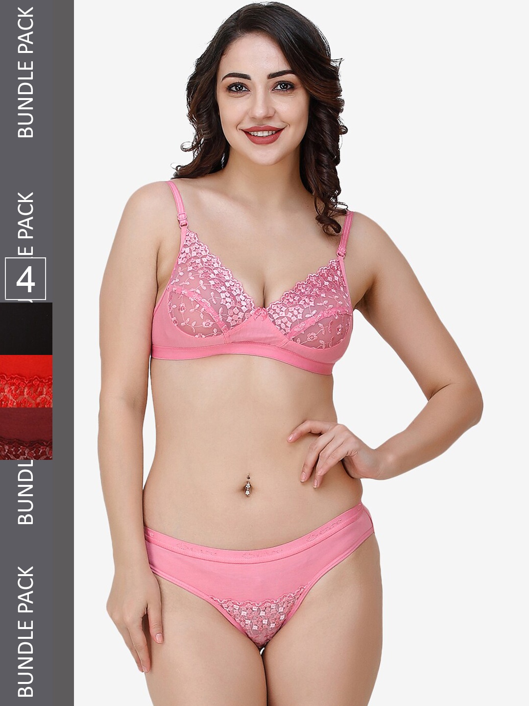 

Docare Women Pack Of 4 Self-Design Non Padded Lingerie Set, Pink