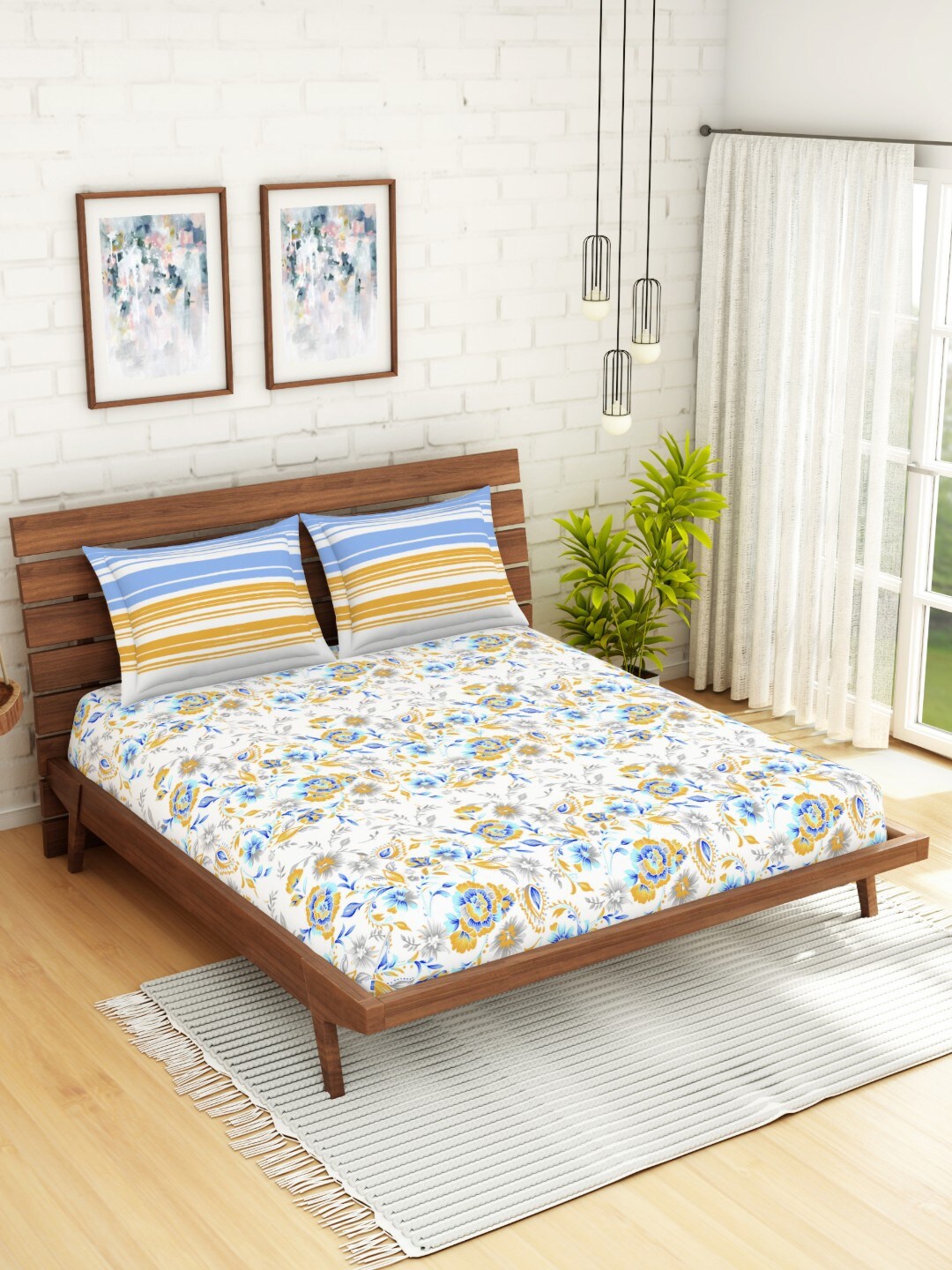 

SPACES Atrium White & Blue Floral 144 TC Cotton Queen Bedsheet with 2 Pillow Covers