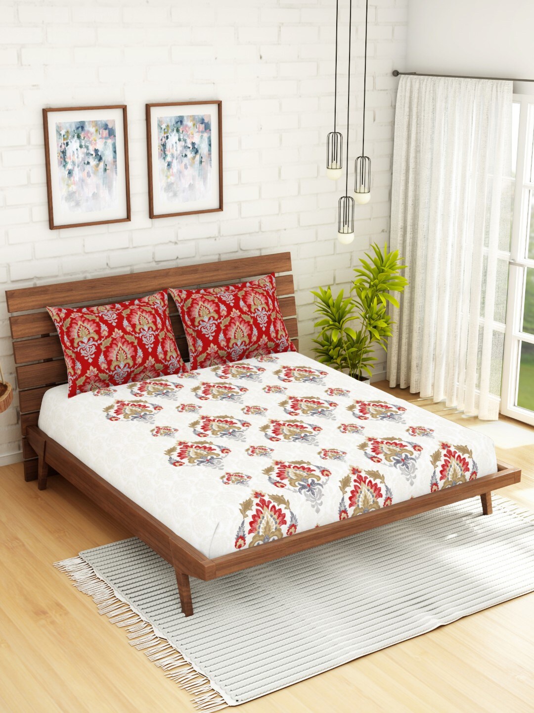

SPACES Red & White Ethnic Motifs 144 TC Queen Cotton Bedsheet with 2 Pillow Covers