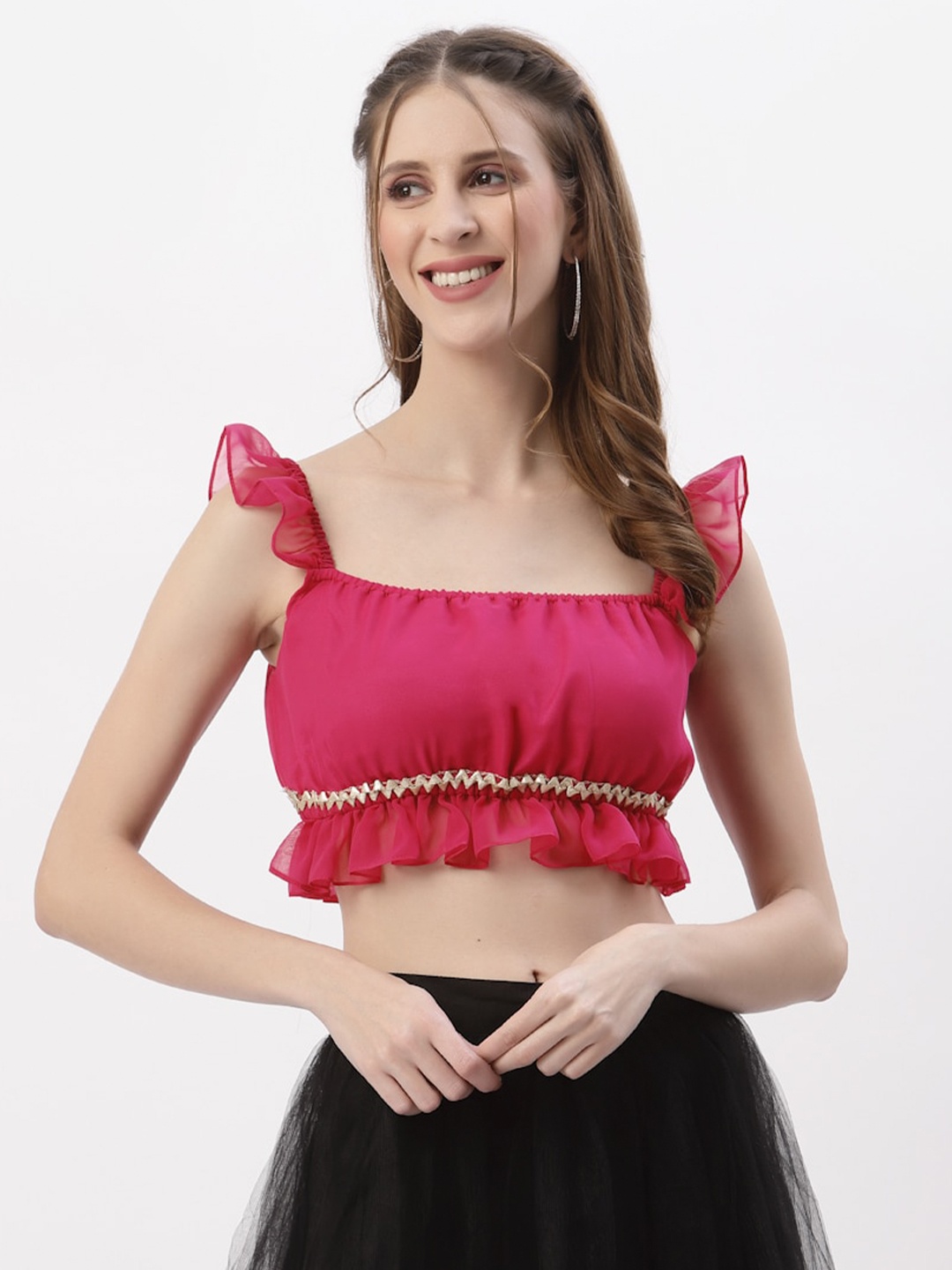 

studio rasa Shoulder Straps Georgette Crop Top, Pink