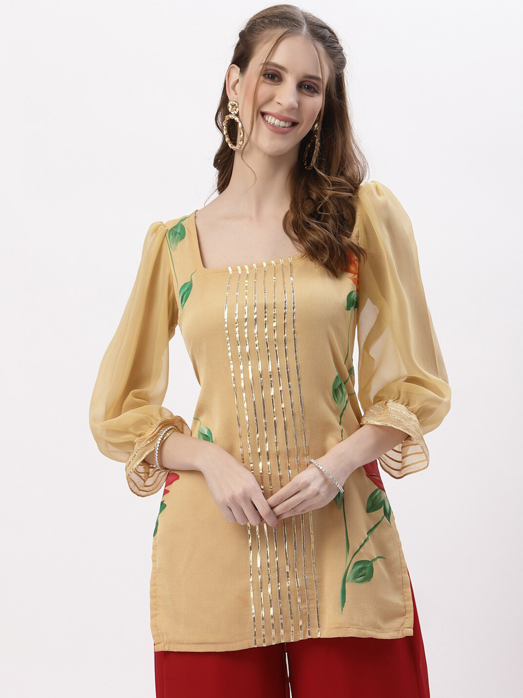 

studio rasa Floral Embellished Square Neck Gotta Patti Kurti, Beige