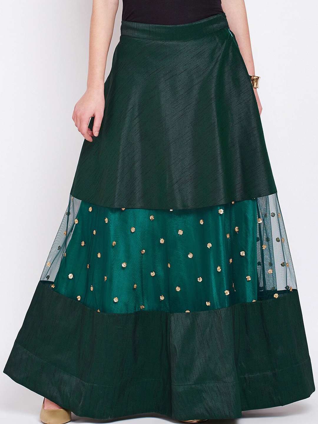 

studio rasa Women Net Sequins Embroidered Panelled Skirt, Green