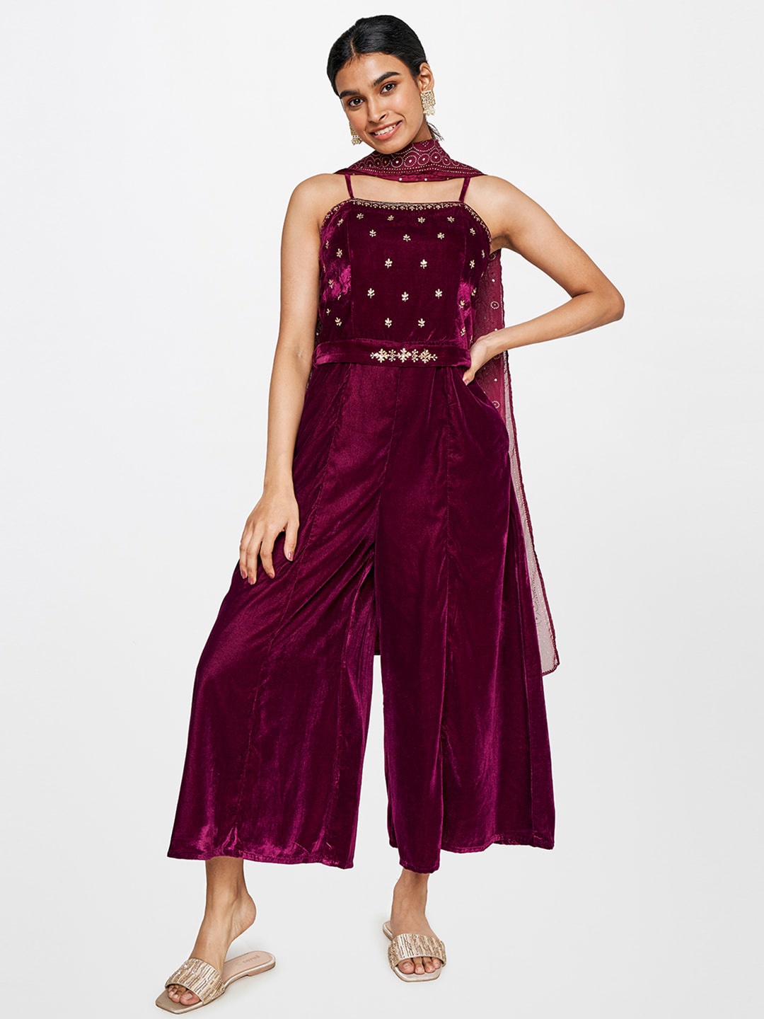 

Global Desi Embroidered Basic Jumpsuit with Dupatta, Maroon