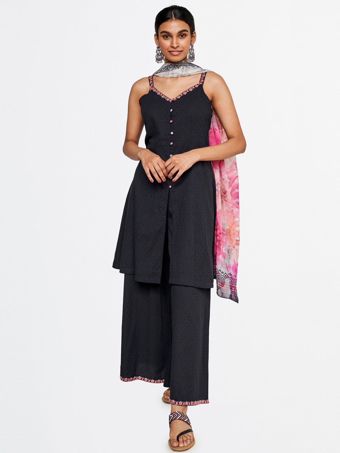 

Global Desi Shoulder Straps Pure Cotton Kurta with Palazzos & With Dupatta, Black