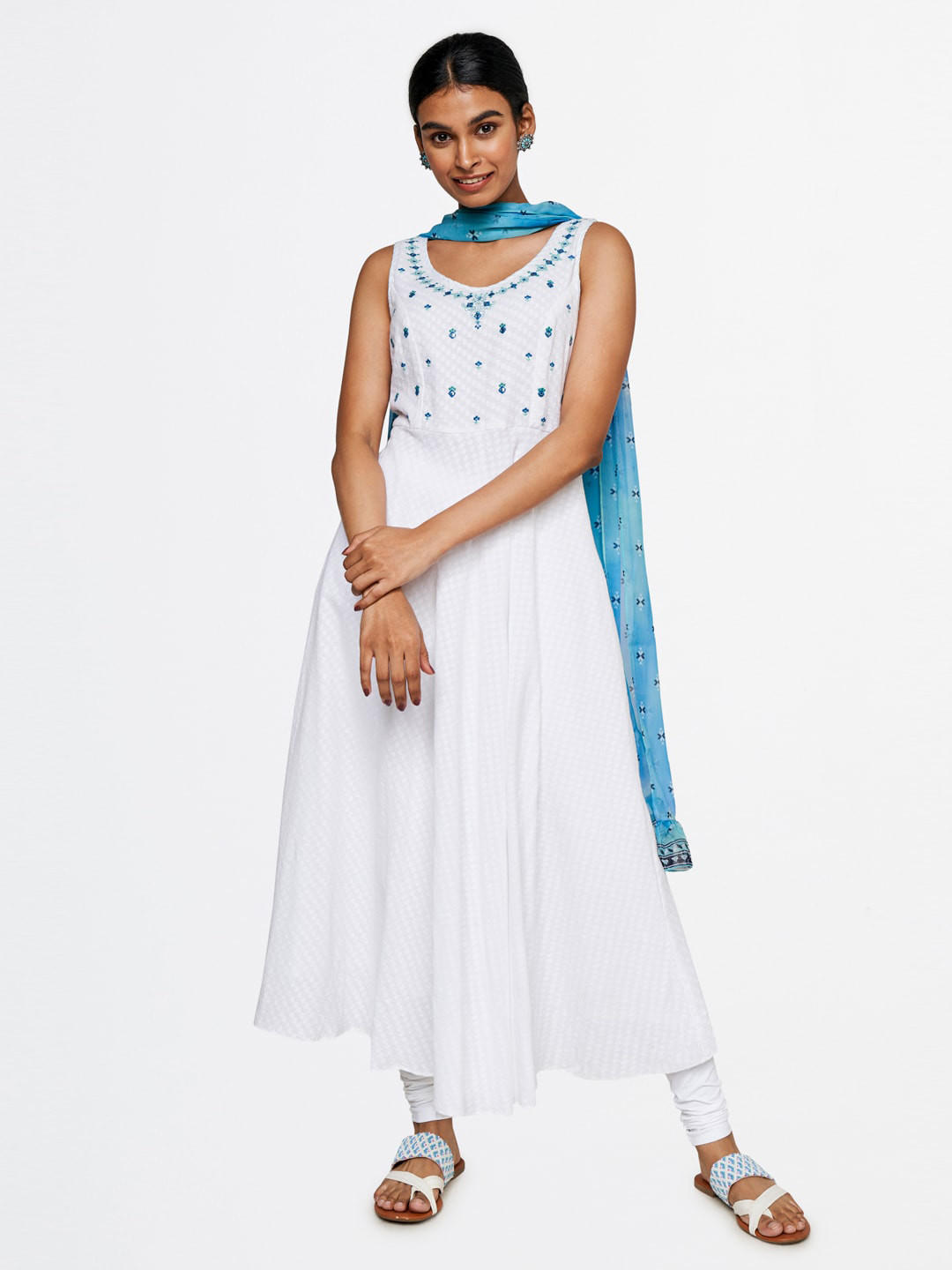 

Global Desi Women Ethnic Motifs Yoke Design Panelled Pure Cotton Kurta With Dupatta, White