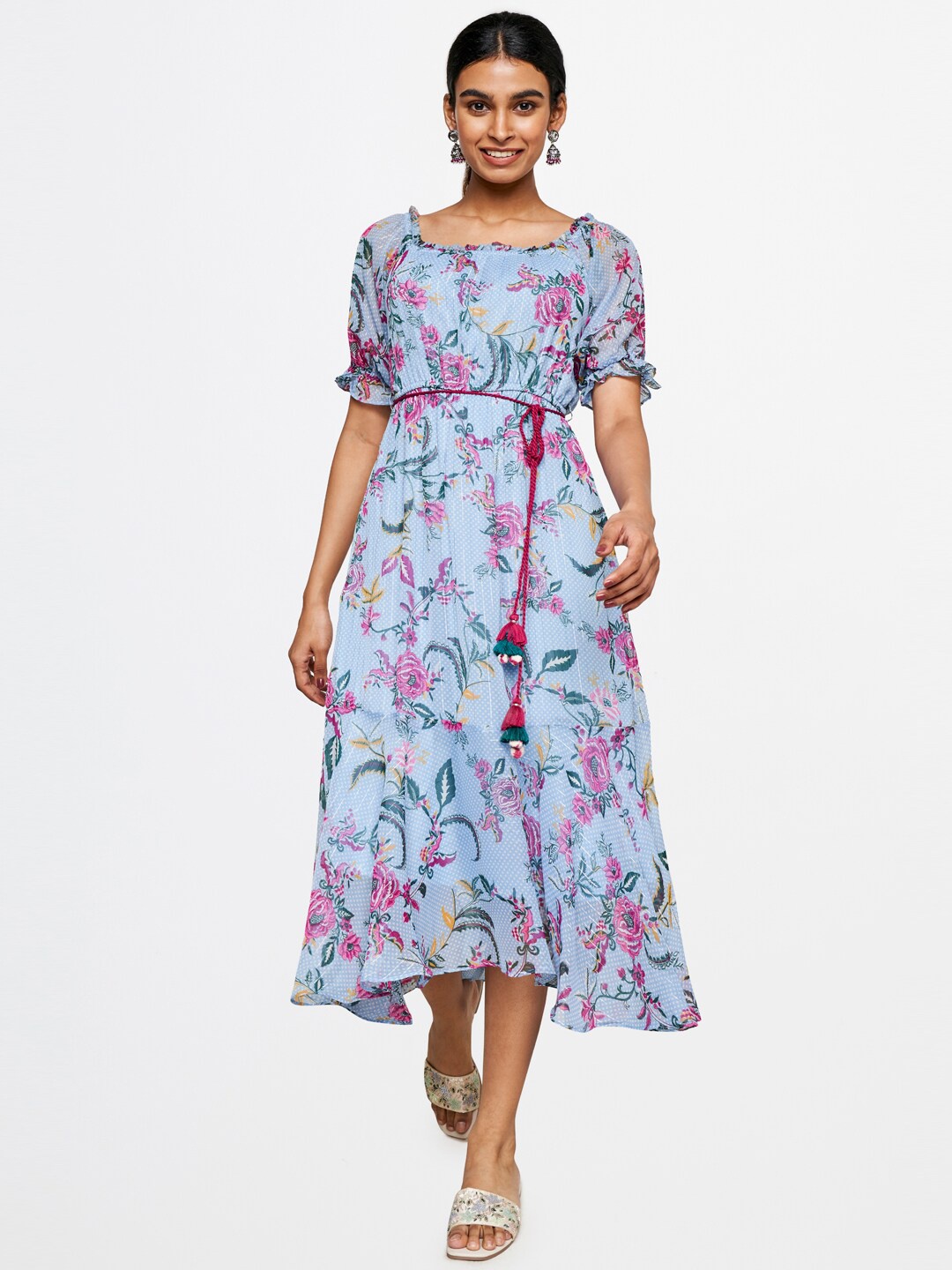 

Global Desi Floral Printed Belted Maxi Dress, Blue