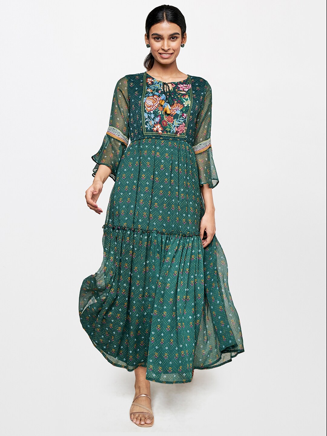 

Global Desi Floral Printed Tie-Up Neck Midi Fit & Flare Dress, Green