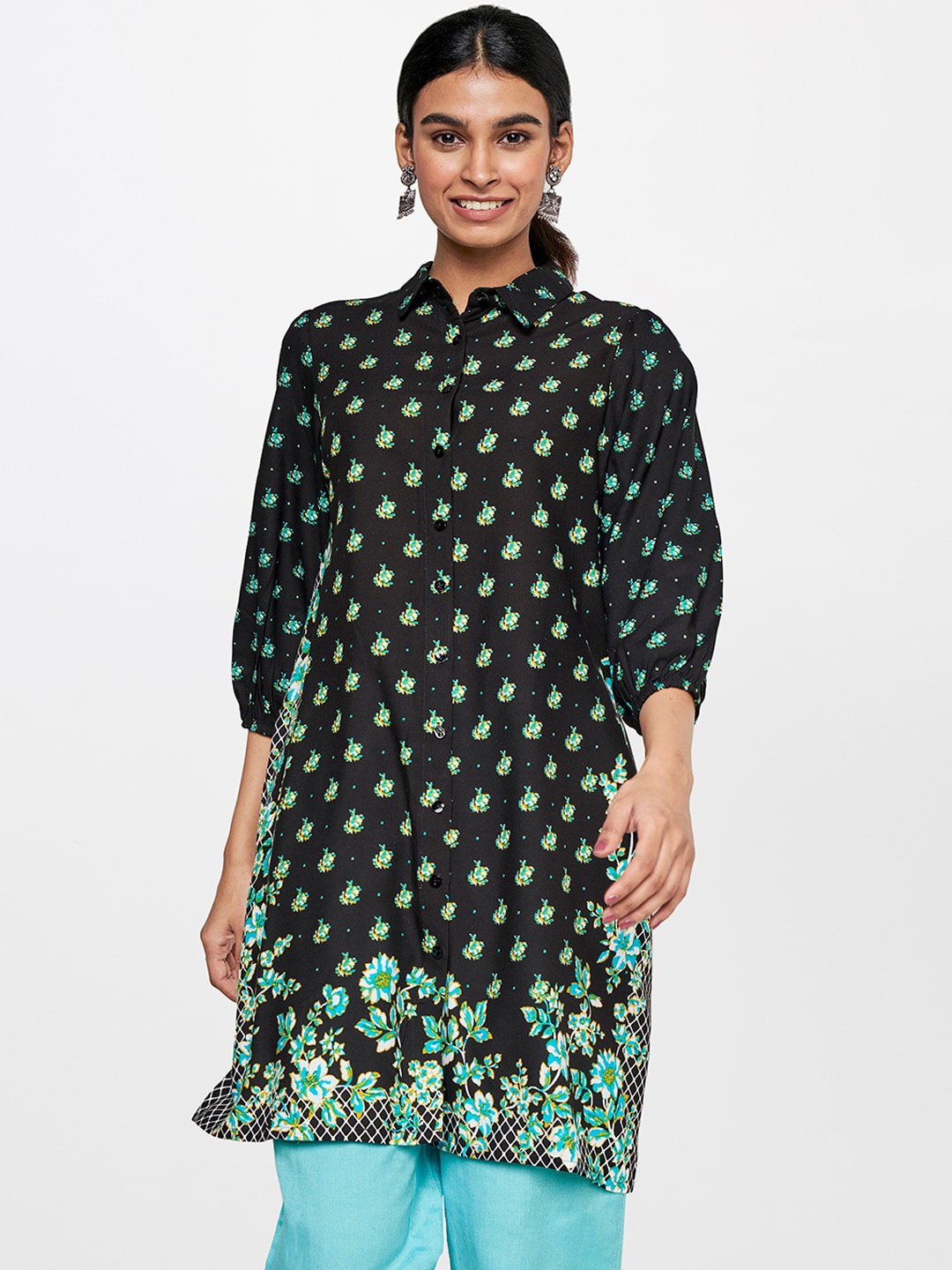 

Global Desi Floral Printed Shirt Collar A-Line Kurta, Black