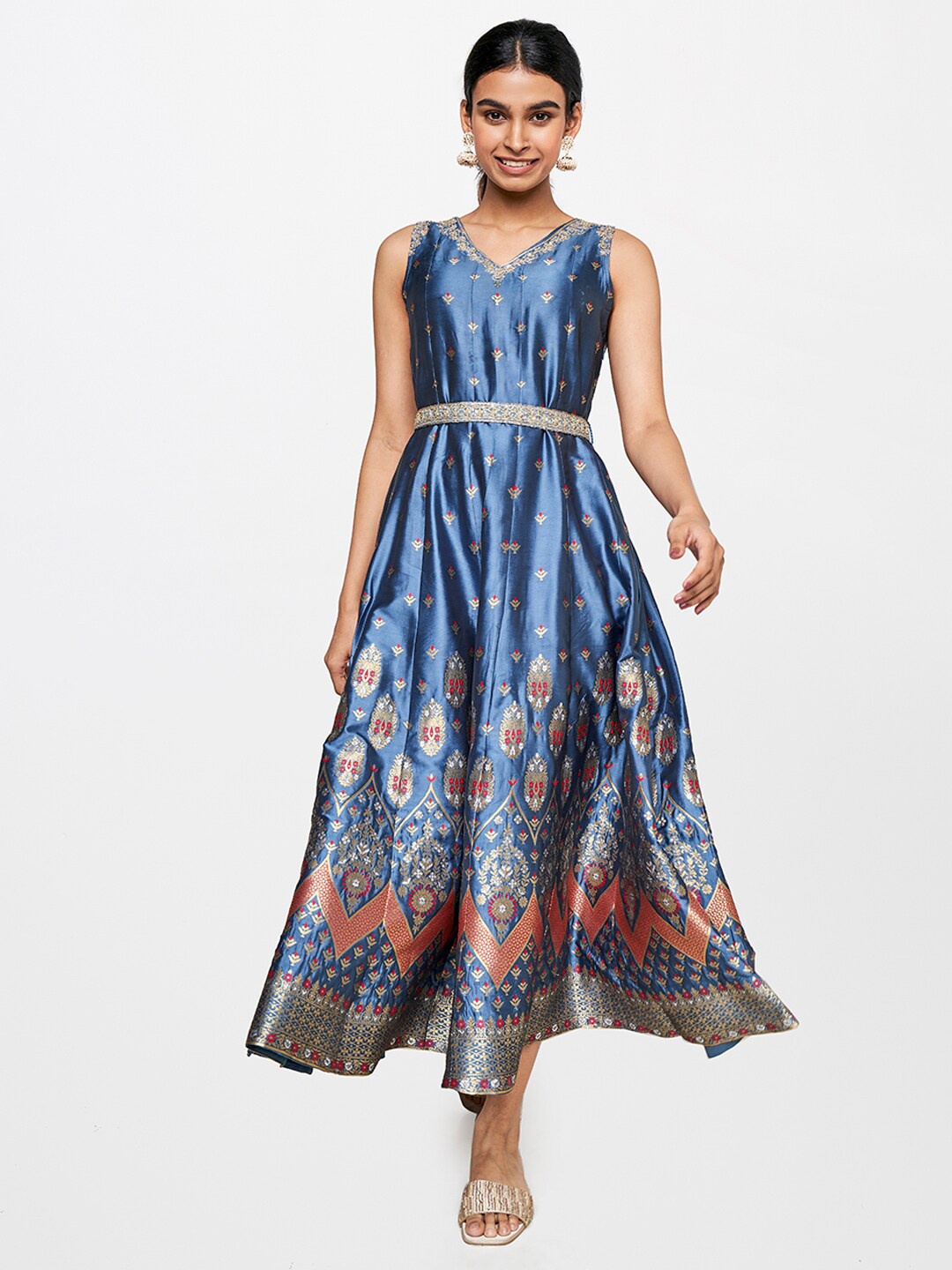 

Global Desi Belted Embellished Sleeveless Fit & Flare Dress, Blue