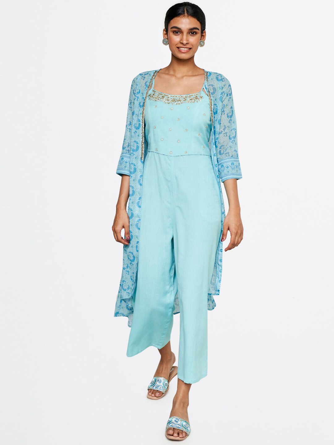 

Global Desi Women Blue Geometric Printed Cold-Shoulder Sleeves Mirror Work Kurta