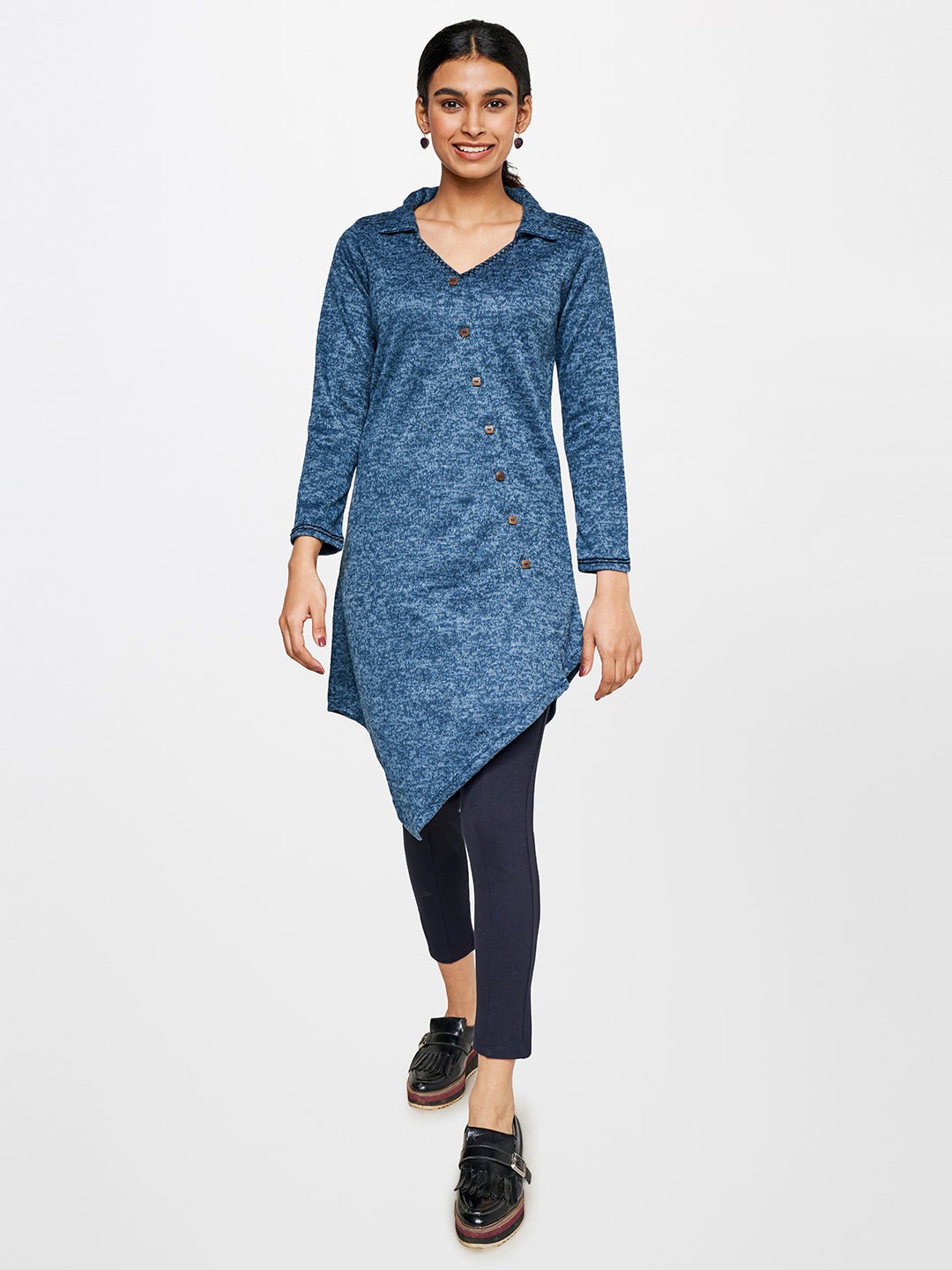 

Global Desi Self Design Shirt Collar Tunic, Blue