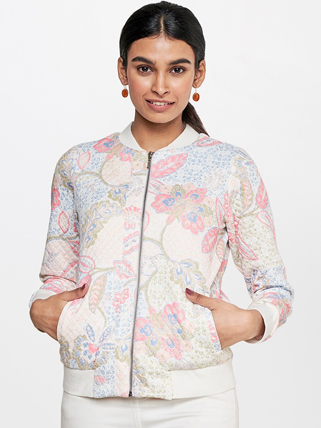 

Global Desi Women Floral Printed Bomber Jacket, Off white