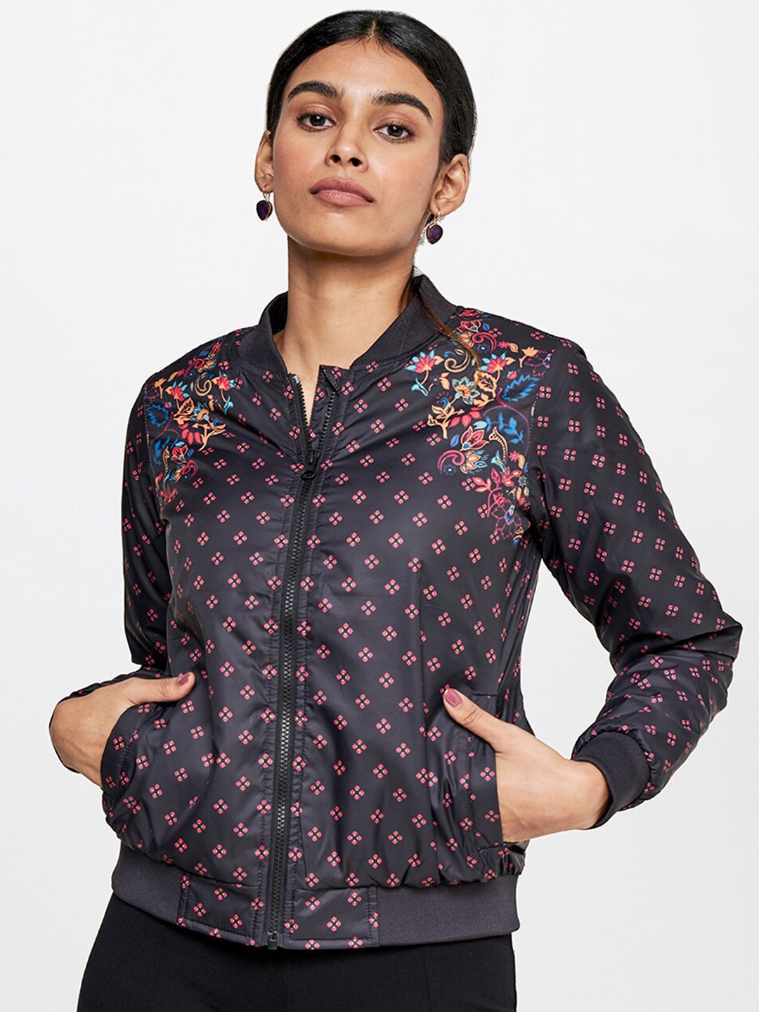 

Global Desi Women Floral Printed Sporty Jacket, Black