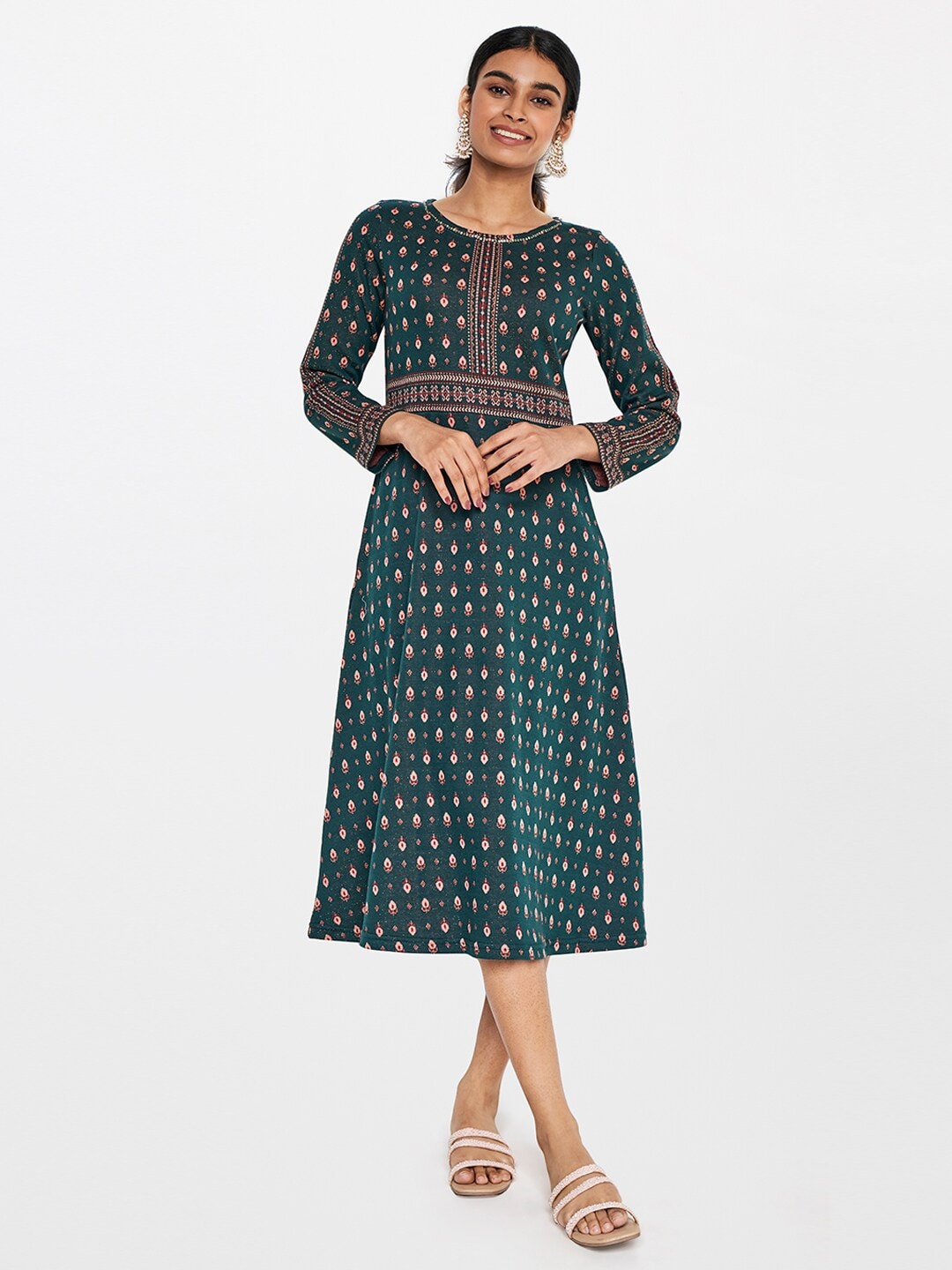 Global Desi Ethnic Motifs Printed A-Line Midi Dress, Green
