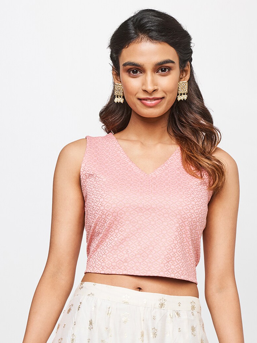 

Global Desi V-Neck Printed Crop Top, Rose