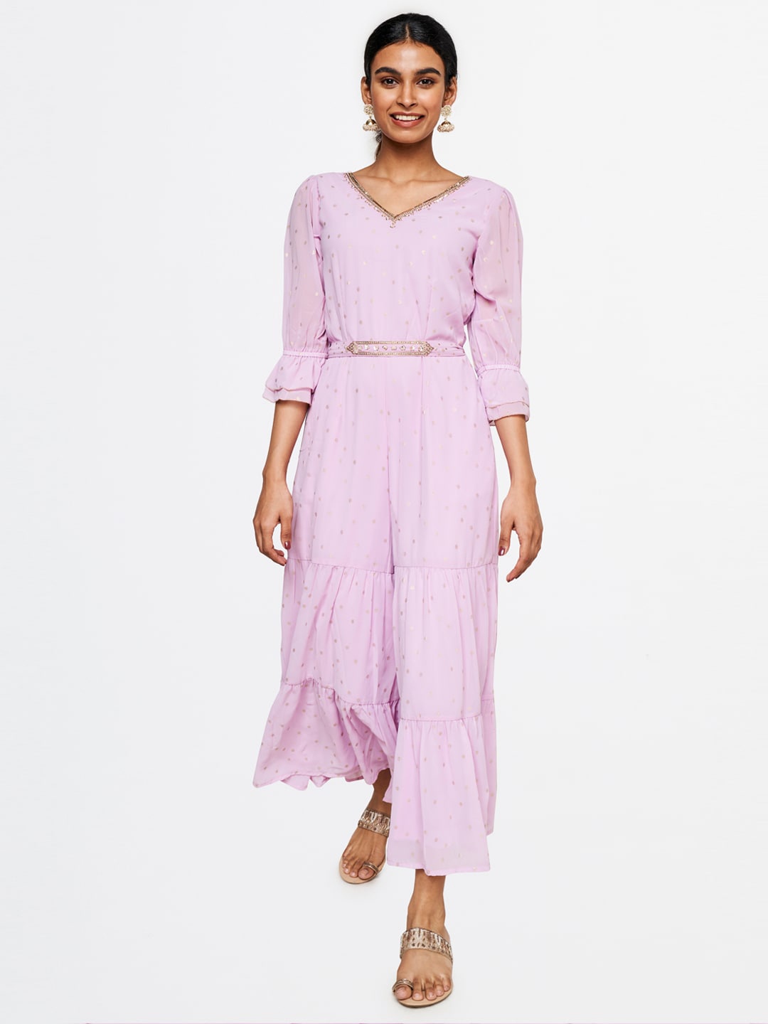 

Global Desi Embroidered V-Neck Basic Jumpsuit, Purple