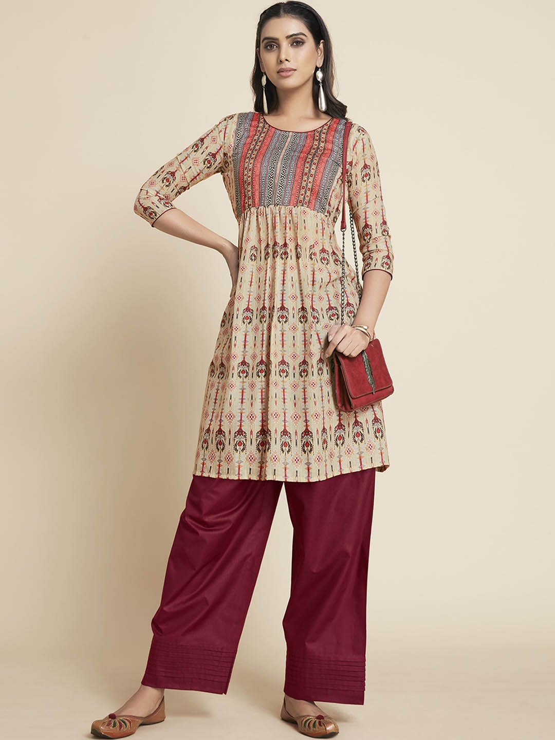 

Sangria Women Ethnic Motifs Printed Pleated Kurta with Palazzos, Beige